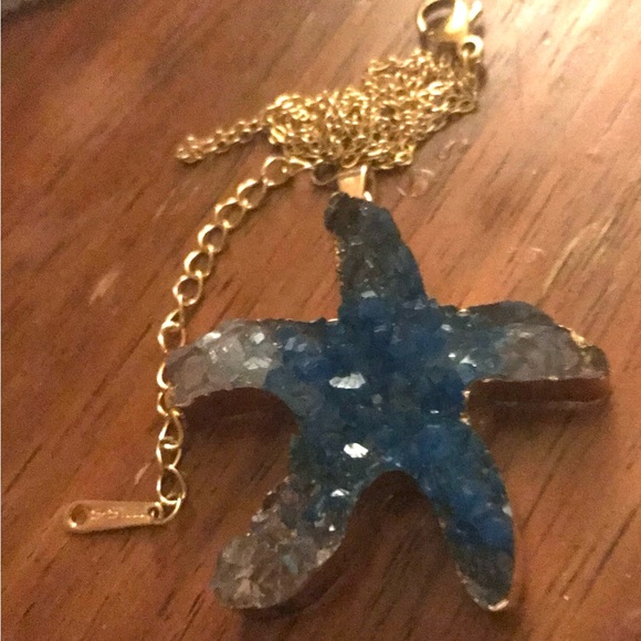 “Blue Druzy Starfish” Gold Dipped Geode Ocean Sea Marine Tropical Steel Necklace - Picture 13 of 16